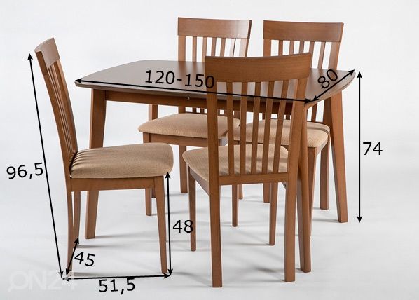 Jatkettava ruokapöytä Bari 80x120-150 cm ja 4 tuolia MODENA, pähkinä mitat