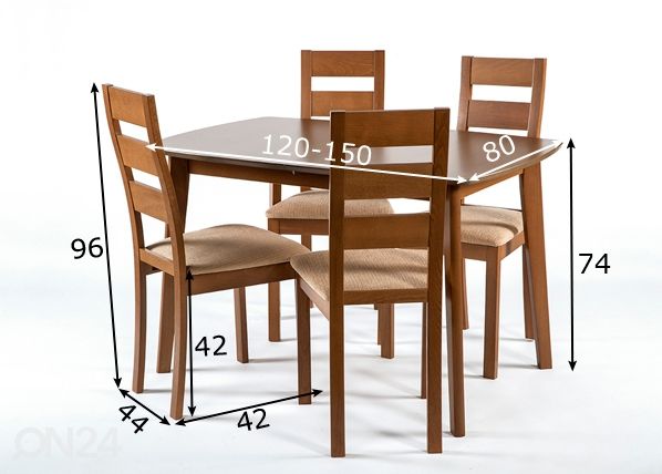 Jatkettava ruokapöytä Bari 80x120-150 cm ja 4 tuolia PARMA, pähkinä mitat