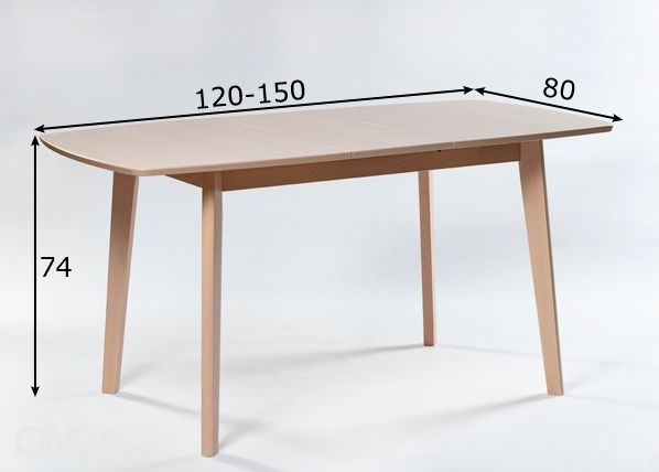 Jatkettava ruokapöytä Bari 80x120-150 cm, valkoinen pyökki mitat