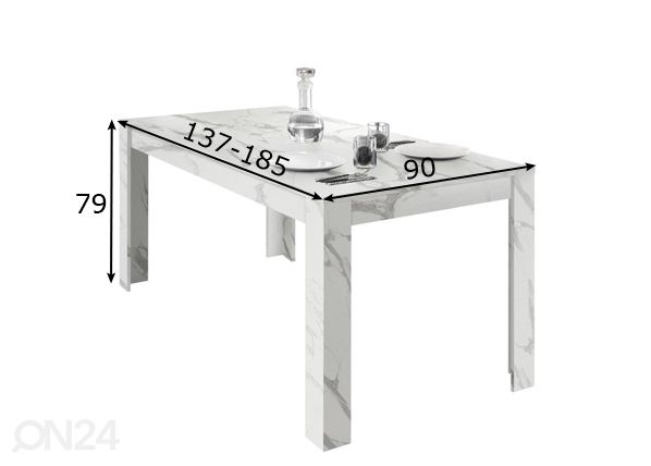 Jatkettava ruokapöytä Carrara 137-185x90 cm mitat
