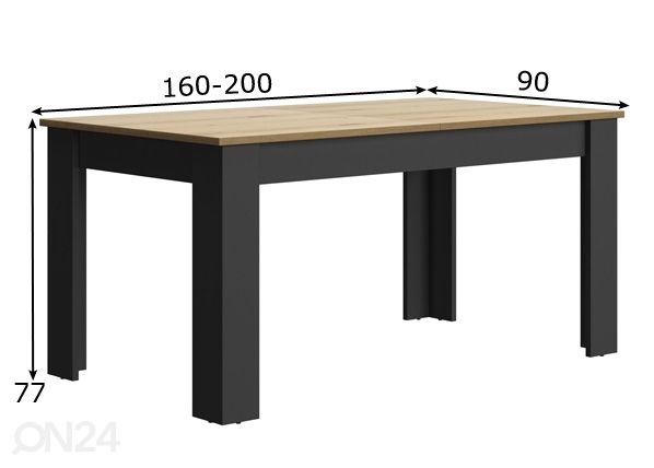 Jatkettava ruokapöytä Manchester 160-200x90 cm mitat