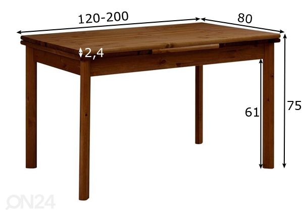 Jatkettava ruokapöytä Tirza 80x120-200 cm mitat