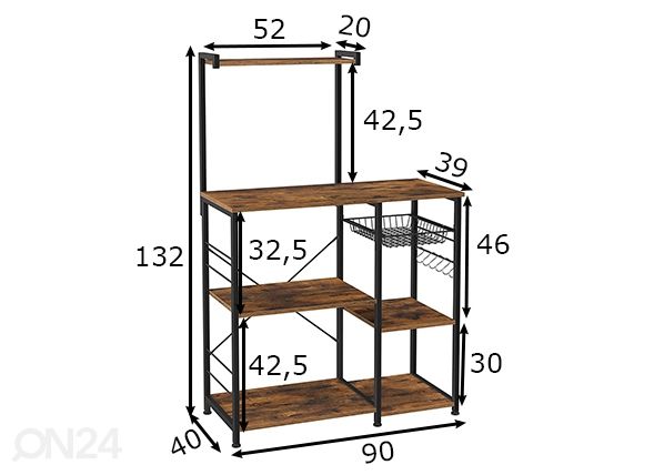 Keittiöhyllykkö 90x132 cm, ruskea/musta mitat