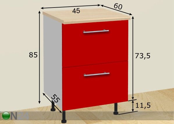 Keittiökaappi 2:lla laatikolla 45 cm mitat