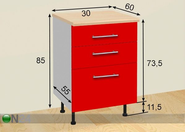 Keittiökaappi 3:lla laatikolla 30 cm mitat