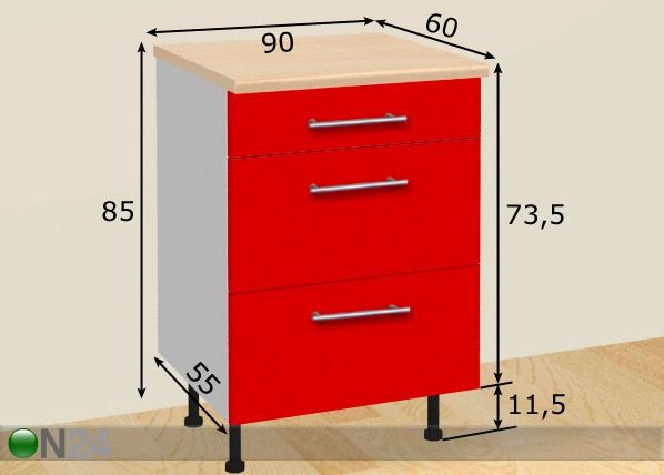 Keittiökaappi 3.lla laatikolla 90 cm mitat