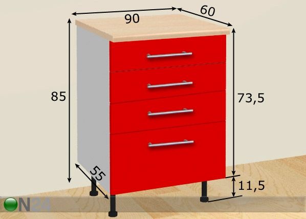 Keittiökaappi 4:llä laatikolla 90 cm mitat