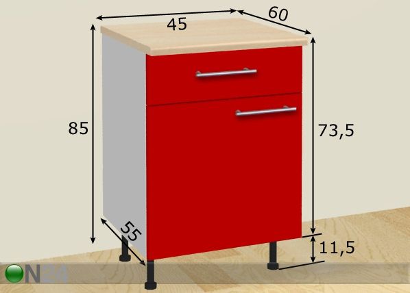 Keittiökaappi ovella ja laatikolla 45 cm mitat