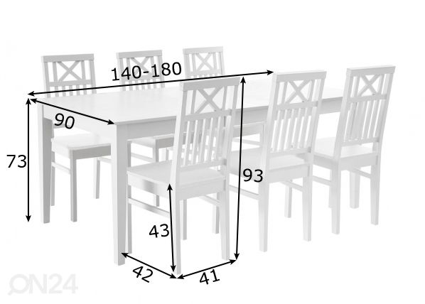 Koivu ruokailuryhmä Florence, pöytä 140-180x90 cm + 6 tuolia, valkoinen mitat