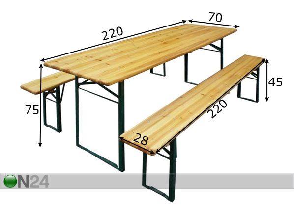 Kokoontaitettavat puutarhakalusteet, pöytä 70x220 cm + 2 penkkiä mitat