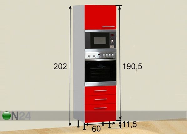 Korkea keittiökaappi 1 ovella ja 3 laatikolla 60xh202 cm mitat