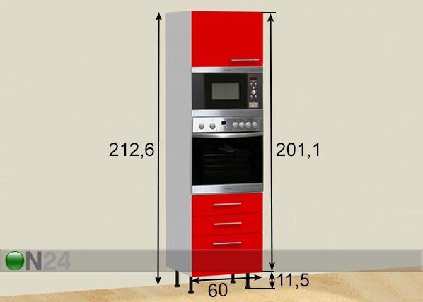 Korkea keittiökaappi 1 ovella ja 3 laatikolla 60xh212 cm mitat