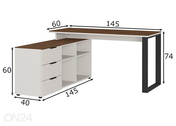 Kulmatyöpöytä Ancona 145x145 cm mitat