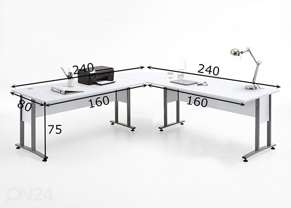 Kulmatyöpöytä Calvia 240x240 cm mitat