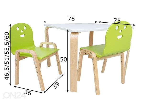 Lasten pöytä ja tuolit Happy mitat