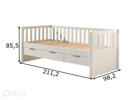 Lasten sänky + 3 laatikkoa Fritz 90x200 cm, valkoinen mitat