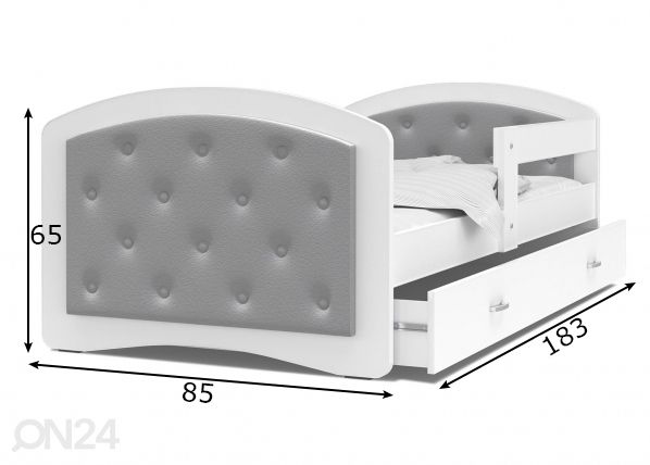 Lastensänky 80x180 cm, valkoinen/ harmaa mitat