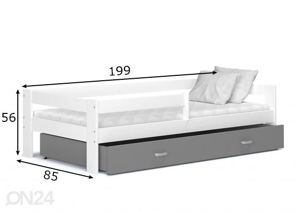 Lastensänky 80x190 cm, valkoinen/ harmaa mitat