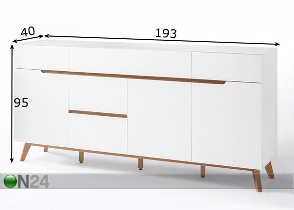 Leveä lipasto Cervo 193 cm, puiset jalat mitat