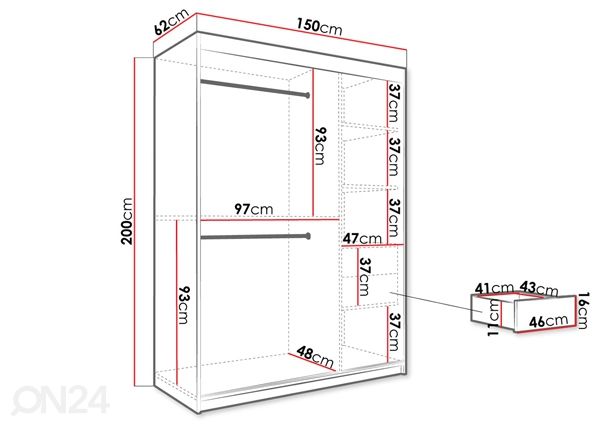 Liukuovikaappi 150 cm mitat