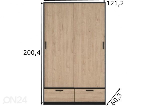 Liukuovinen vaatekaappi Line 121 cm, hikkori/musta mitat