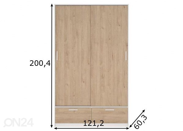 Liukuovinen vaatekaappi Line 121 cm, hikkori/valkoinen mitat