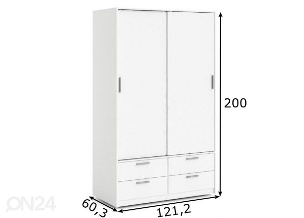 Liukuovinen vaatekaappi Line 121 cm, valkoinen mitat