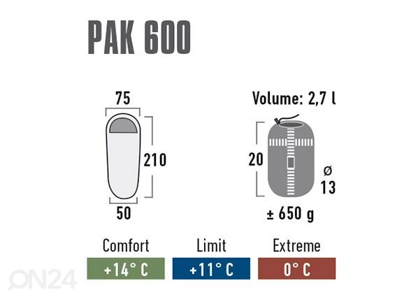 Makuupussi High Peak Pak 600, musta/punainen mitat