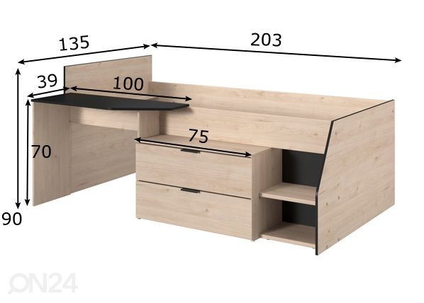 Monitoimisänky Milky 90x200 cm mitat