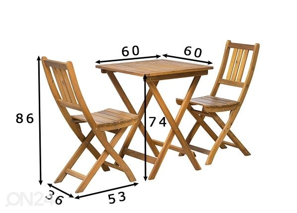 Puutarhakalusteet pöytä ja 2 tuolia, akaasia mitat