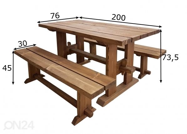 Puutarhapöytä ja penkit 200 cm mitat
