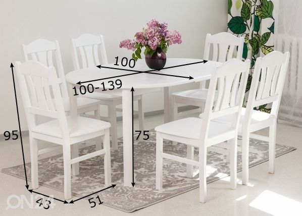 Ruokailuryhmä 100x100-139 cm + tuolit Per 6 kpl, valkoinen mitat