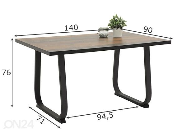 Ruokapöytä Luise 90x140 cm, hiottu puu/ antrasiitti mitat