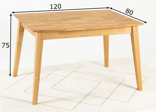 Ruokapöytä tammea 120x80 cm mitat