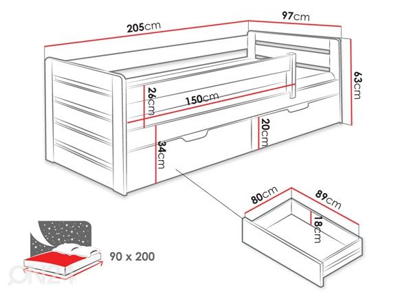 Sänky 90x200 cm mitat