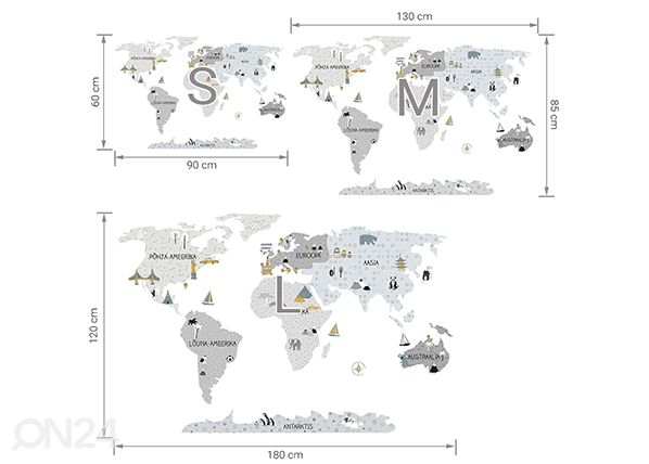 Seinätarra Maailmankartta M viron kielellä, harmaa mitat