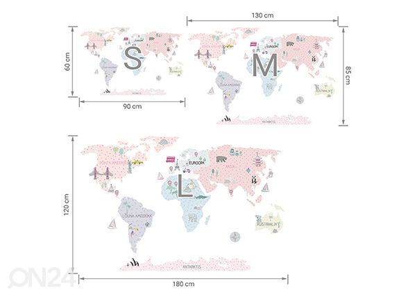 Seinätarra Maailmankartta M viron kielellä, vaaleanpunainen mitat