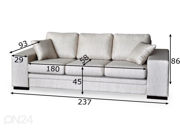 Sohva 3-istuttava Jane mitat