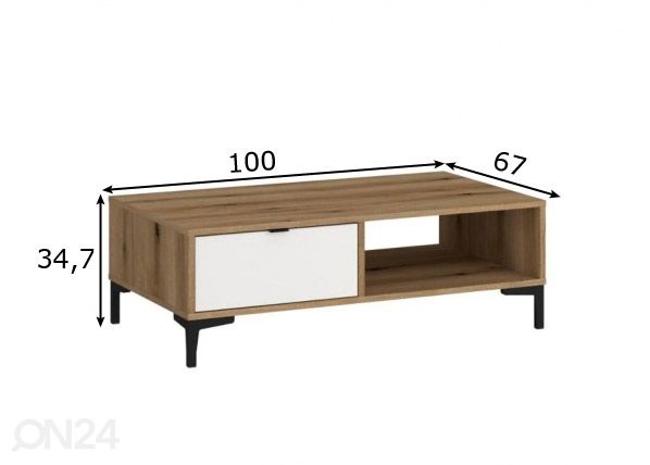 Sohvapöytä Ricko 100x67 cm, valkoinen/tammi mitat