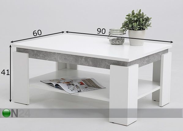 Sohvapöytä Tim II 90x60 cm, valkoinen/ betoni mitat