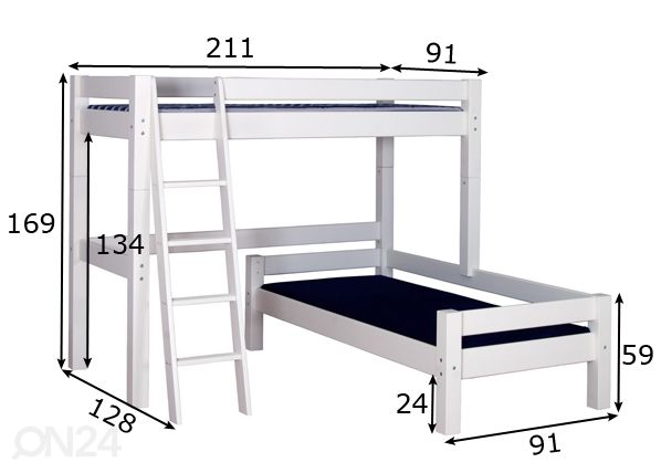 Suwem parvisänky Lahe viistotikkailla ja kulmaosalla 80x200 cm mitat