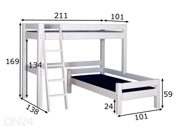 Suwem parvisänky Lahe viistotikkailla ja kulmaosalla 90x200 cm mitat