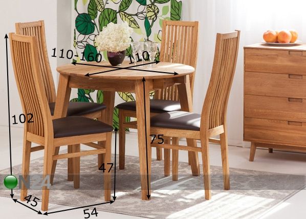 Tammi jatkettava ruokapöytä Basel 110-160x110 cm + 4 tuolia Sandra mitat