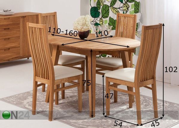 Tammi jatkettava ruokapöytä Basel 110-160x110 cm+ 4 tuolia Sandra mitat