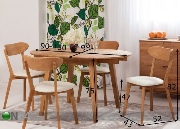 Tammi jatkettava ruokapöytä Basel 90-130x90 cm + 4 tuolia Irma mitat