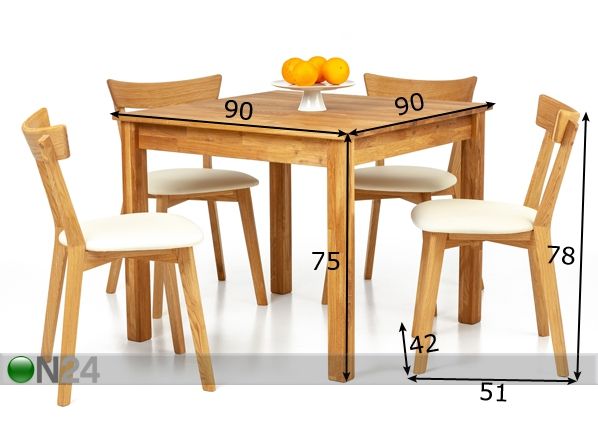 Tammi ruokapöytä Lem 90x90 cm + 2 tuolia Viola beige mitat