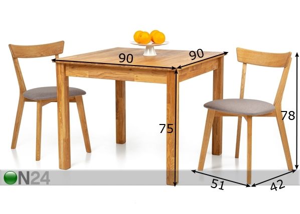 Tammi ruokapöytä Lem 90x90 cm + 4 tuolia Viola harmaa mitat