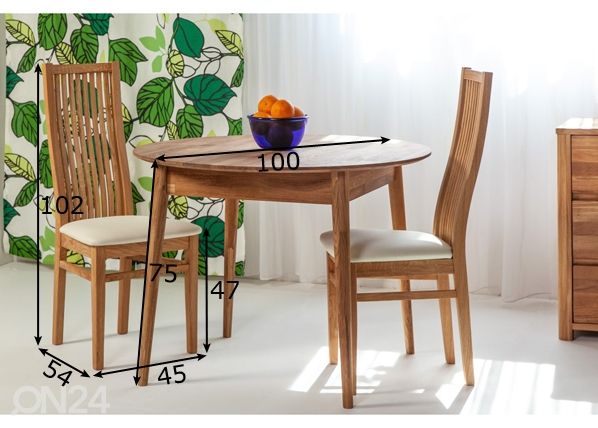 Tammi ruokapöytä Scan Ø100 cm + 2 tuolia Sandra mitat
