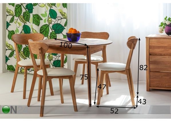 Tammi ruokapöytä Scan Ø100 cm + 4 tuolia Irma mitat