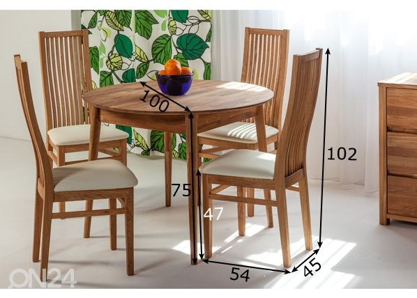 Tammi ruokapöytä Scan Ø100 cm + 4 tuolia Sandra mitat